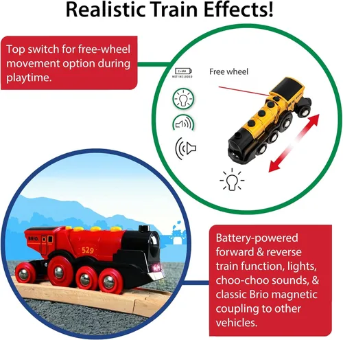 Miniatura 3 de Locomotor de acción dorada potente BRIO World - Tren de juguete a batería para pista de madera - Tren motorizado con luces y sonido - Funciona