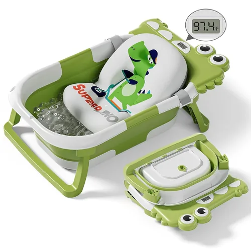 Miniatura 13 de Bañera plegable para bebé recién nacido, bañera plegable para bebé con termómetro y cojín flotante suave y orificio de drenaje, bañera portátil
