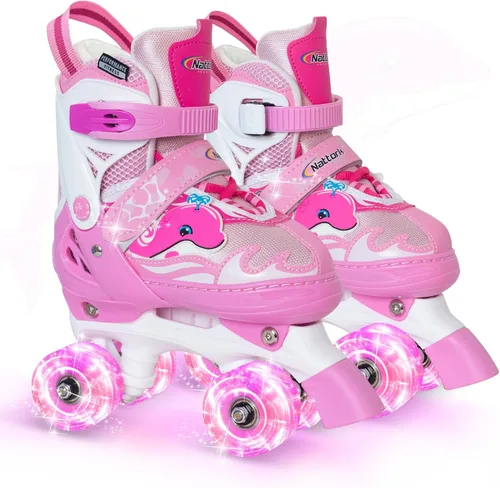 Miniatura 9 de Nattork Patines de ruedas para niños, patines ajustables con luz para niñas y niños, patines verdes, azules, morados y rosas para niños pequeños