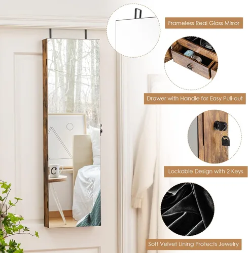 Miniatura 24 de Giantex Armario de joyería para puerta de pared con espejo de longitud completa, 2 LED con cerradura grande organizador de joyas con espejo ancho