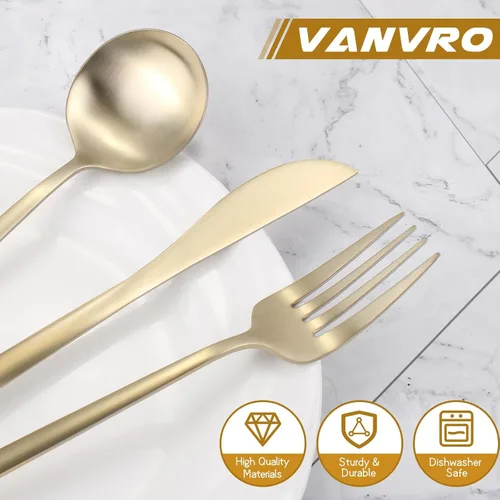 Miniatura 4 de VANVRO Juego de cubiertos color dorado champán, juego de cubiertos de acero inoxidable de 60 piezas, juego de cubiertos mate para 12, cubiertos