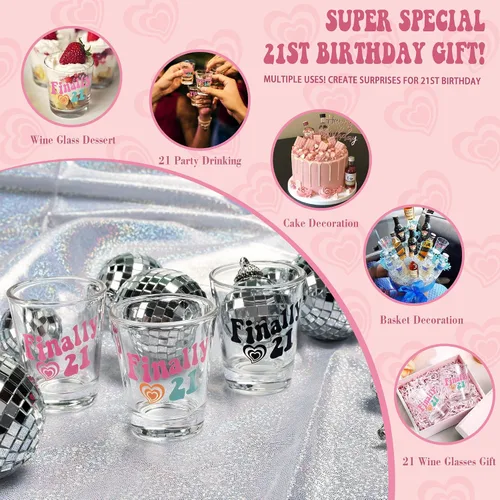 Miniatura 3 de JUSTOTRY Vaso de chupito de cumpleaños número 21 – Finalmente 21 regalos para ella, vaso de 1.75 onzas, las mejores decoraciones y regalos ideales