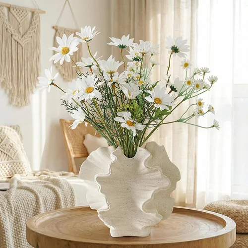 Jarrón de Cerámica Color Crema para Decoración Moderna del Hogar, Jarrón de Flores de Coral de Cerámica para Arte Nórdico Hierba de Pampas, Jarrones