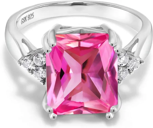 Miniatura 53 de Gem Stone King Anillo de compromiso con piedra natal de 5-10 quilates para mujer, plata de ley 925, corte esmeralda de 0.47 x 0.394 pulgadas, anillo