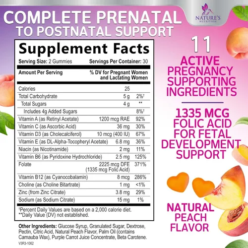 Miniatura 2 de Vitaminas prenatales para mujeres, gomitas de vitaminas para el embarazo con ácido fólico, vitamina A, C, D3, B12, B6, gomitas multivitamínicas
