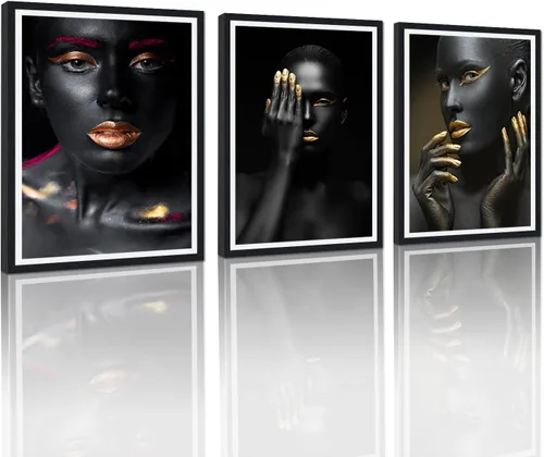 MAMAGO Lienzo decorativo para pared, pintura de belleza dorada y negra, fotos de mujeres africanas, hermosos pósteres de mujer negra, impresiones