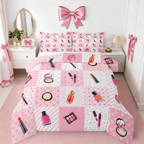 Miniatura 18 de Castle Fairy Rose Lipstick Bedding Set Elegant Quilted Comforter Set Twin Size,Women Cosmetic Duvet Insert with 1 Pillow Sham for Kids Boys Girls