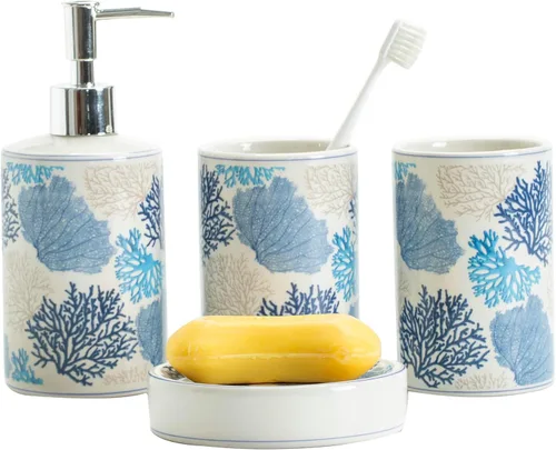 Juego de accesorios de baño de coral azul, porcelana, decoración de baño costero, dispensador de jabón, soporte para cepillo de dientes, bandeja de