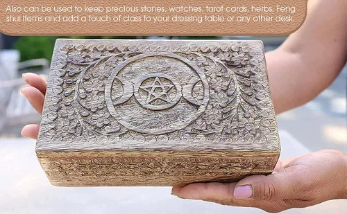 Miniatura 2 de DharmaObjects Triple Moon - Caja de almacenamiento de madera tallada a mano para joyas (color blanco, grande)