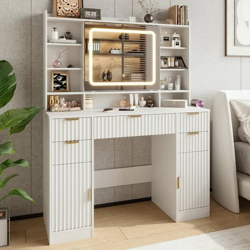 Miniatura 10 de Escritorio de tocador acanalado de 43.3 pulgadas con espejo y luces, escritorio de maquillaje de madera con estación de carga y espejo móvil, Roble