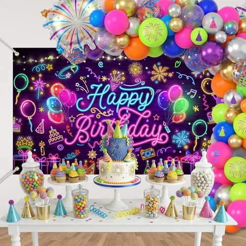 Miniatura 2 de Mocsicka Neon Happy Birthday Banner Backdrop Glow in The Dark Graffiti Party Backdrop Decorations for Kids Adults Mustic Let's Glow Birthday
