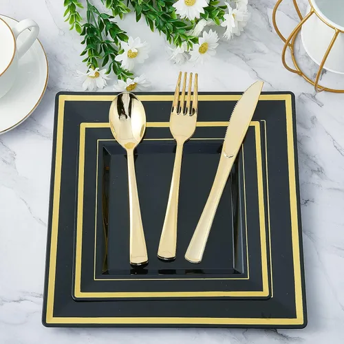 Miniatura 4 de JOLLY CHEF 125 piezas de platos cuadrados de plástico negro y dorado, incluyendo 25 desechables para cena, 25 para postre, 25 cuchillos, 25