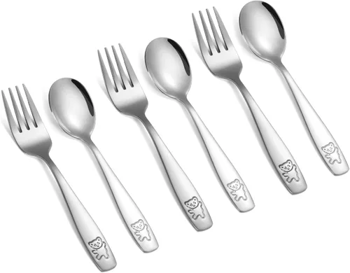 Pimoys 6 Piezas Utensilios para Niños Pequeños Cubiertos Infantiles de Acero Inoxidable Juego de Tenedores y Cucharas para Niños Pequeños, Cubiertos