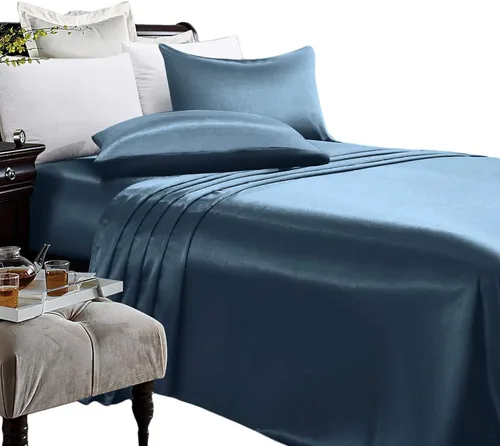 Miniatura 22 de Anex Linen Juego de sábanas de satén, juego de ropa de cama de 4 piezas, hilos altos, juego de sábanas 100% satén beige ultra suave, juego