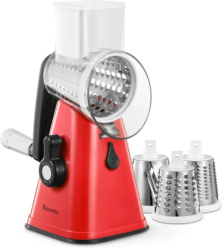 Miniatura 8 de Reemix - Rallador rotativo de queso con asa, triturador de queso vegetal para cocina, 3 cuchillas intercambiables para queso, papa, calabacín, Blanco