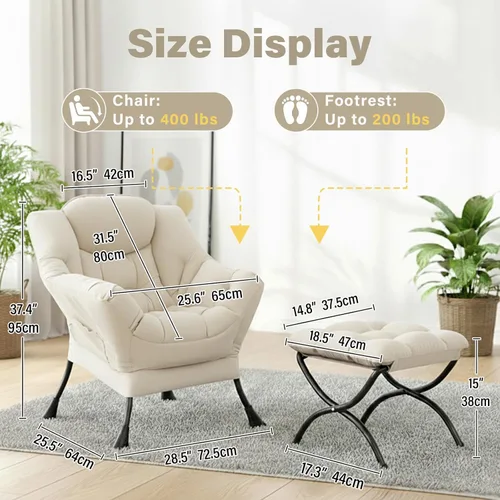 Miniatura 3 de Silla perezosa con otomana, silla de descanso moderna y grande con reposabrazos y bolsillo lateral, sillón tapizado de ocio con silla de lectura