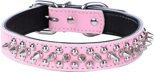 Miniatura 16 de Serijoars Collares ajustables de cuero genuino con tachuelas para mascotas pequeñas, medianas y grandes, Pit Bull, Bulldog, Pugs, Husky (M, morado)