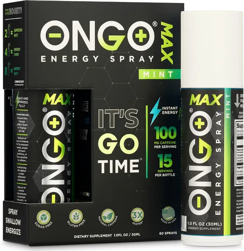 ONGO Energía: cafeína natural (1500 mg) entrega oral rápida cuando más la necesitas | Vegana, sin azúcar y gluten | Spray de vitamina B3, B6, B12 |