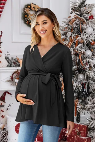 Miniatura 3 de OUGES Túnicas de maternidad para mujer, camisas de manga largacorta, cuello en V, ropa de maternidad para lactancia, blusa casual de embarazo