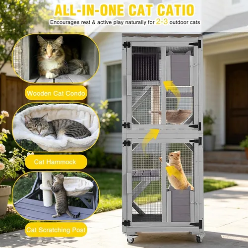 Miniatura 3 de Aivituvin Catio - Caja para gatos con ruedas, casa para gatos al aire libre con techo resistente a la intemperie, 3 plataformas, jaula portátil