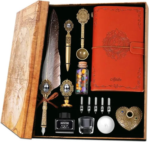 Miniatura 8 de Aifeiter - Set de pluma estilográfica y tinta, juego de caligrafía con pluma de ave y sello de cera, cuaderno - Hermoso regalo para Navidad - Verde