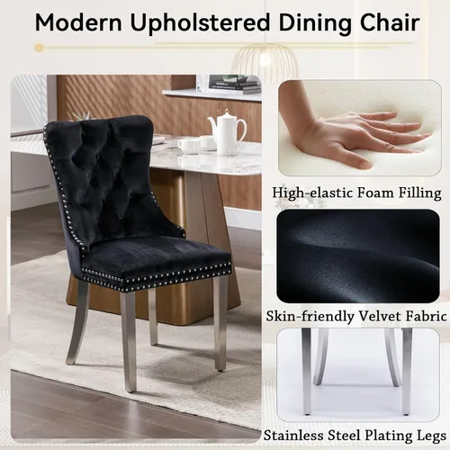 Miniatura 5 de Henf Juego de mesa de comedor de mármol sintético de 7 piezas para 6, mesa de comedor extensible de 63"-79" y 6 sillas negras acolchadas para 6