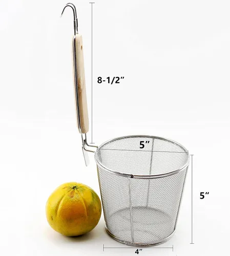 Miniatura 2 de Cesta grande de acero inoxidable, mango de madera para resistencia al calor, malla fina de 5 x 5 pulgadas, fideos de pasta Udon Ramen, enjuague