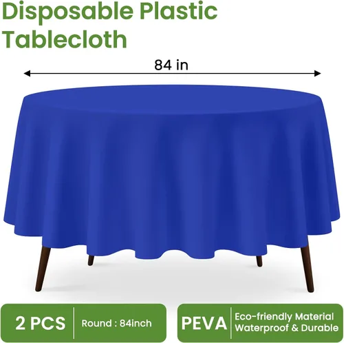Miniatura 3 de Paquete de 2 manteles redondos desechables color azul oscuro, manteles de plástico para fiestas, 84 x 84 pulgadas, impermeable, para campamento