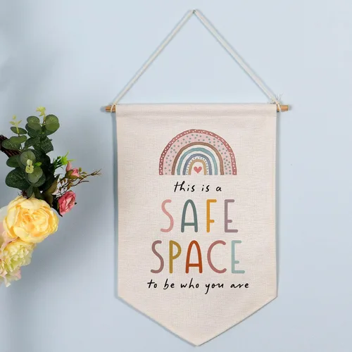 Miniatura 3 de Este es un espacio seguro para ser quien eres Arte de positividad neutral Bandera de pared para sala de juegos de niños Bandera de decoración