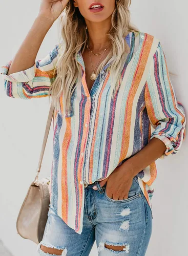 Miniatura 4 de Astylish - Camisa a rayas para mujer con cuello en V, blusa con mangas enrollables y botones