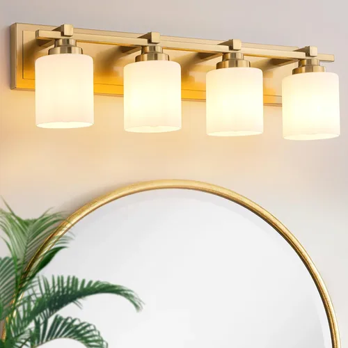 Miniatura 36 de 1 Luminaria Moderna de Baño sobre Espejo, Luces de Tocador Negro Dorado para Apliques de Pared de Baño con Pantallas de Vidrio Blanco Lechoso