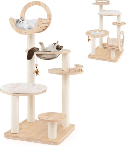 Miniatura 11 de Tangkula Árbol de madera para gatos de interior, centro de actividades de torre para gatos de varios niveles de 55 pulgadas con hamaca, condominio