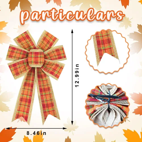 Miniatura 2 de 2 lazos de otoño para corona, lazos de corona de Acción de Gracias, lazos de lana cuadriculada roja y naranja, lazos de arpillera de otoño, lazos