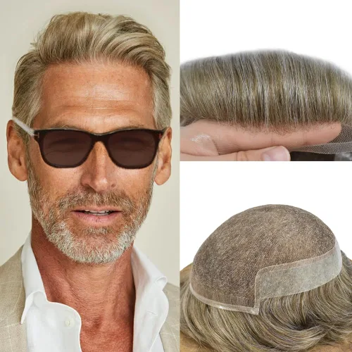 Miniatura 45 de Tupé para hombre, cabello humano real, suave encaje suizo frontal, tupé para hombres, sistema de cabello, extensiones capilar para hombre