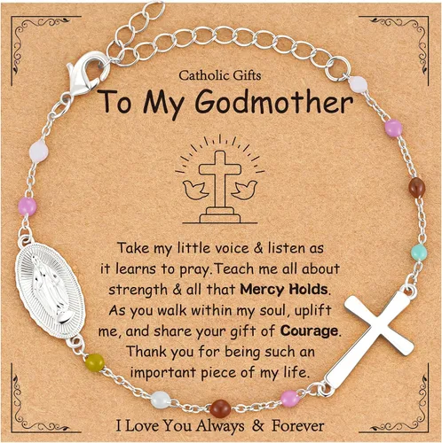 Miniatura 10 de Pulsera de cruz católica de la Virgen María para niñas y mujeres, pulsera de cuentas de rosario, primera comunión, confirmación, bautismo, madrina