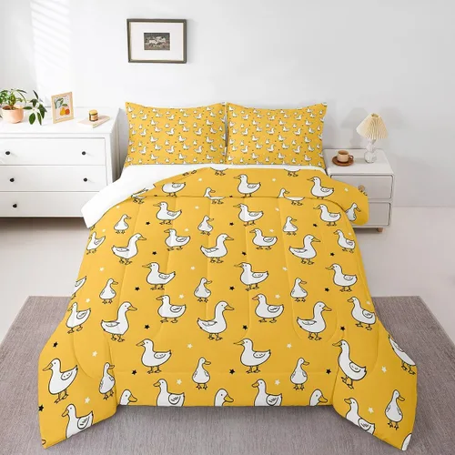 Miniatura 36 de Erosebridal Juego de ropa de cama a cuadros azul para niños, juego de cama individual con diseño de patos amarillos de dibujos animados, juego