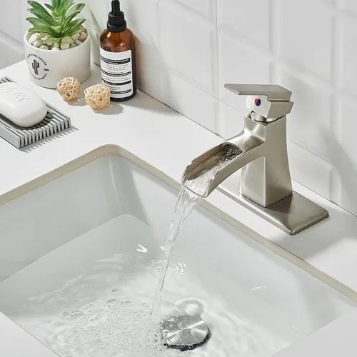 Miniatura 8 de Grifo de baño de cascada de níquel cepillado, grifo de lavabo de baño de una sola manija con desagüe pop-up y placa de cubierta para 1 o 3 orificios