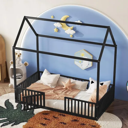 Miniatura 10 de Bellemave Cama de Piso Montessori Tamaño Twin, Marco de Cama Casa de Metal para Niños, Camas de Piso Montessori con Cerca, Blanco