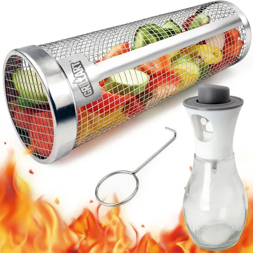 Cesta de parrilla [Mejorada] (Tamaño XXL), Cesta de parrilla redonda apta para lavavajillas para verduras, cestas de parrilla rodantes de acero