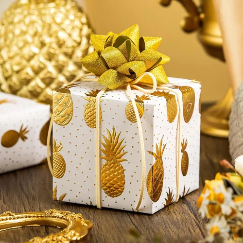 Miniatura 4 de Flyhill - Rollo de papel kraft de piña en lata - 17 pulgadas X 33 pies - Diseño de papel de regalo con piña 3D en relieve metálico dorado