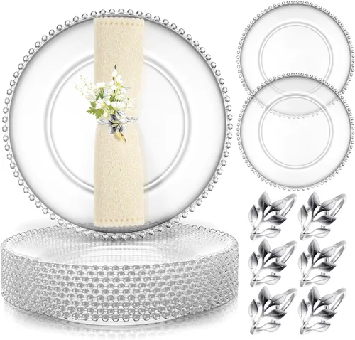 Miniatura 9 de Bokon Juego de 50 platos de carga transparentes a granel de 13 pulgadas con cuentas de plástico con servilleteros, platos decorativos redondos