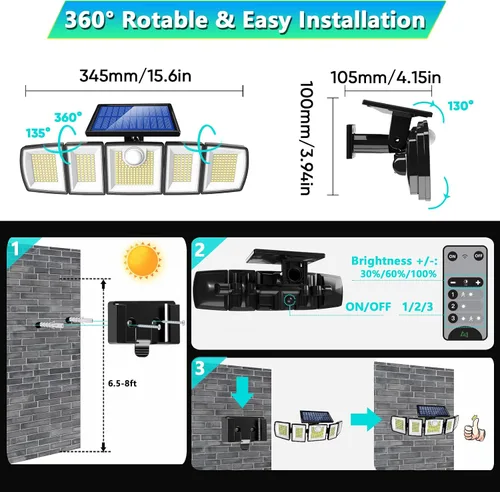 Miniatura 4 de MDCMDCM Luces solares para exteriores, sensor de movimiento impermeable, 416 LED, 3000 lúmenes, súper brillante, 3 brillo; 3 modos, iluminación