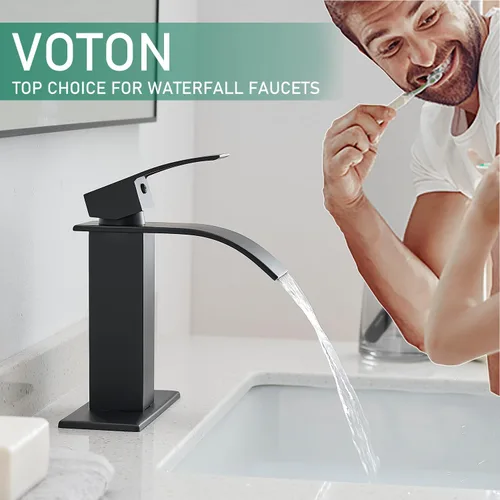 Miniatura 3 de VOTON Grifos de Baño Negros Modernos de Cascada para Lavabo de Baño Grifo de Baño Negro Mate de Una Sola Manija para 1 o 3 Agujeros con Placa
