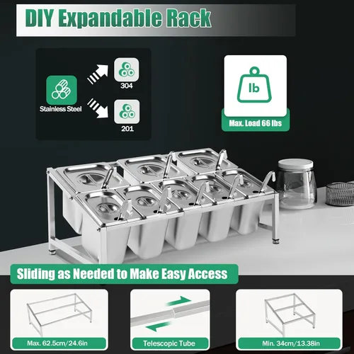 Miniatura 8 de Estante de especias expandible de 2 niveles, estante organizador de acero inoxidable con tapas de sartenes, cucharones, soporte de encimera