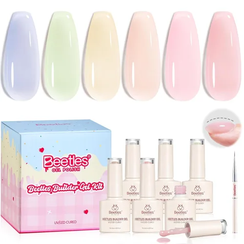 Beetles - Kit de uñas de gel constructor, tinte jugoso, 6 colores, gelatina, rosa, nude, extensión de engrosamiento instantáneo Apex, fortalece las