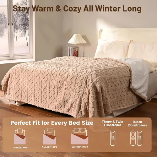 Miniatura 9 de Manta térmica eléctrica tamaño Queen – Manta eléctrica de 84 x 90 pulgadas con doble control, 9 niveles de calor y temporizador de 1 a 10 horas