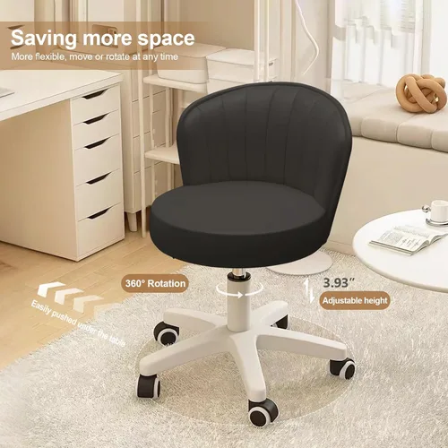 Miniatura 4 de Silla de escritorio redonda pequeña rodante sin brazos, silla de computadora cómoda con respaldo bajo de cuero PU, silla de trabajo ajustable