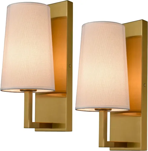 Juego de dos apliques de pared dorados de tela moderna de mediados de siglo, iluminación de pared, lámpara de pared de latón para dormitorio,