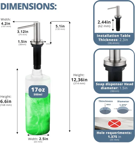 Miniatura 2 de SBEN Dispensador de jabón para fregadero de cocina, bomba de encimera para jabón de manos o loción, botella integrada de 17 onzas, diseño de acero