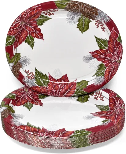 Miniatura 5 de Gift Boutique 50 Unidades Platos Ovalados de Follaje de Flor de Pascua Navideña de 10" x 12" – Bandejas de Papel Navideñas para Fiestas y Reuniones